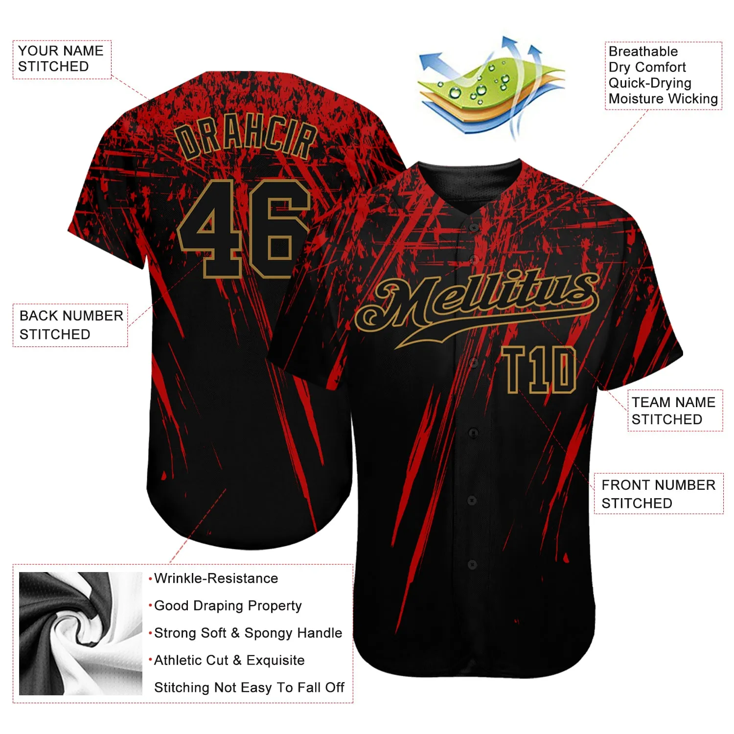 Custom Black Black Red-Old Gold 3D Pattern Design Authentic Baseball Jersey