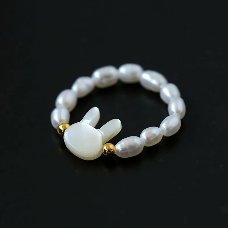 Cute Rabbit Cat Pearl Black Spinel Stretch Ring （Buy One Get One Free）