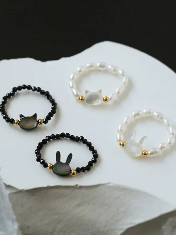 Cute Rabbit Cat Pearl Black Spinel Stretch Ring （Buy One Get One Free）