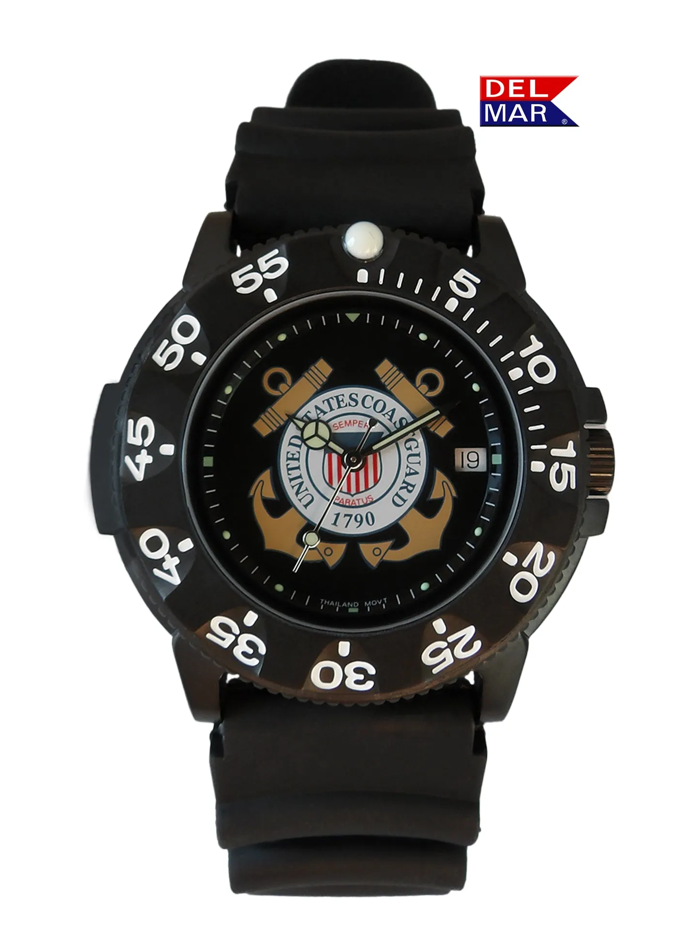 Sure! Here’s an optimized title for the Del Mar Mens Coast Guard Military Watch:

**Del Mar Mens Coast Guard Series Black Strap Military Watch #50519 - Durable, Waterproof, and Stylish Timepiece**