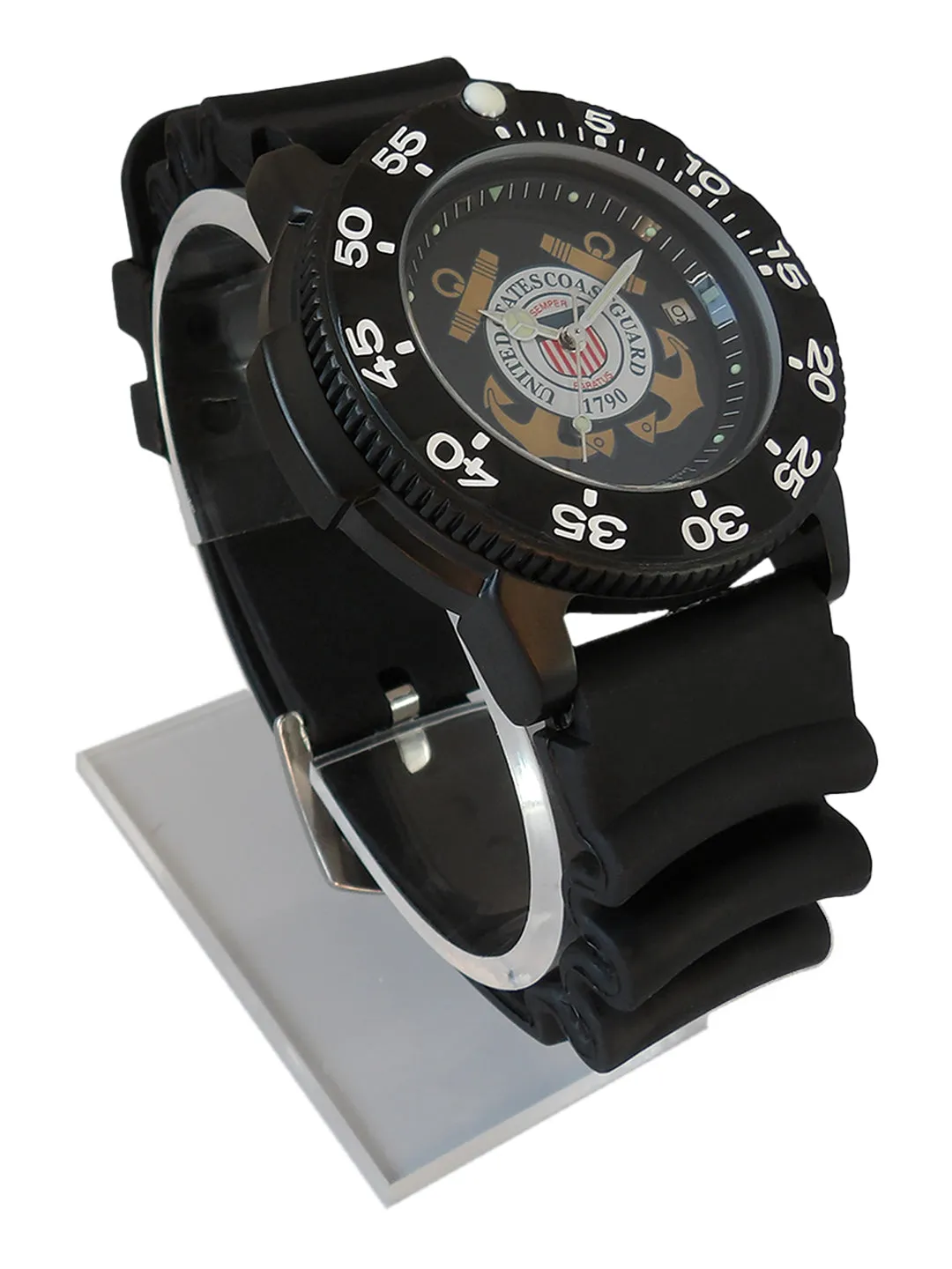 Sure! Here’s an optimized title for the Del Mar Mens Coast Guard Military Watch:

**Del Mar Mens Coast Guard Series Black Strap Military Watch #50519 - Durable, Waterproof, and Stylish Timepiece**