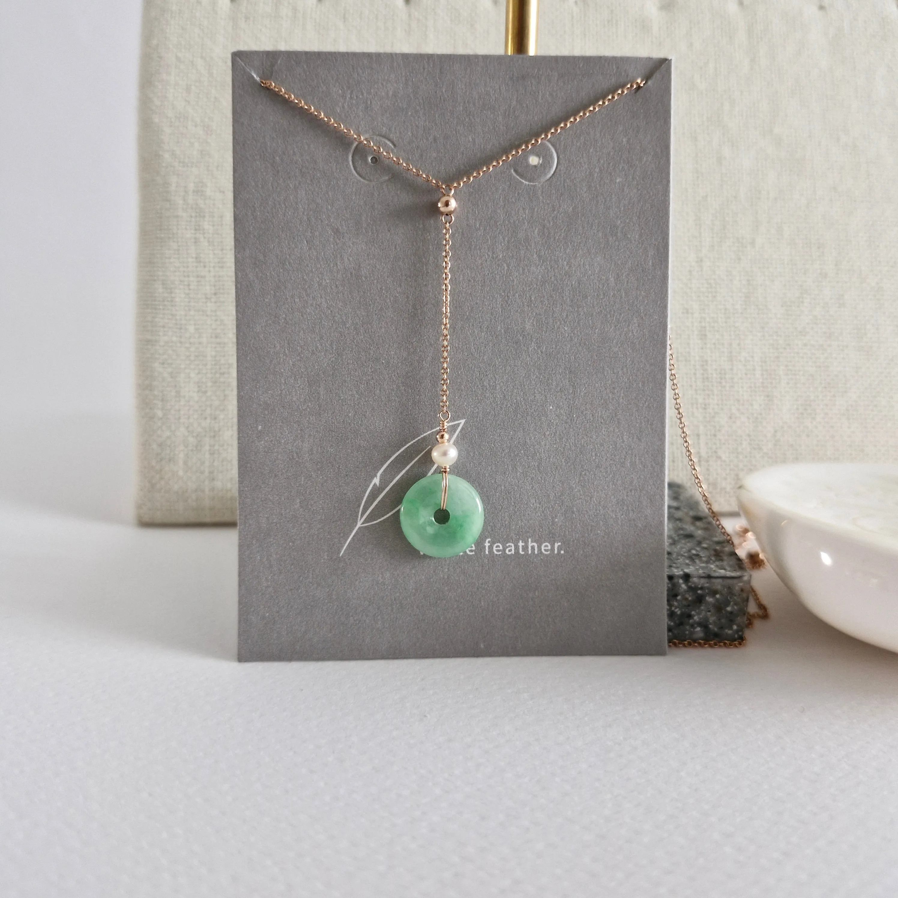 Edith Y-Necklace w/Freshwater Pearl | 12.5mm x 2mm Green Jade Donut