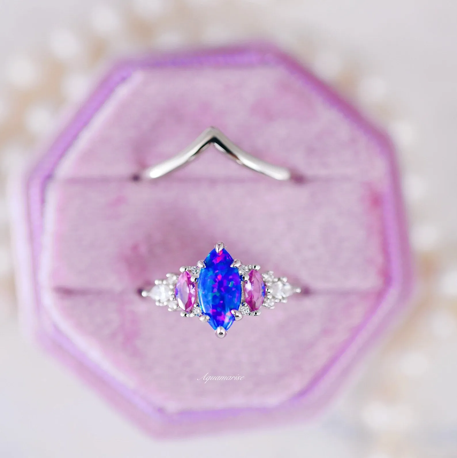 Emerie Blue Fire Opal & Pink Sapphire Ring Set-  Sterling Silver