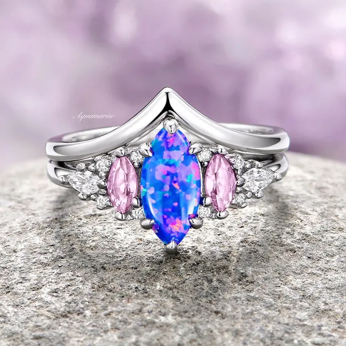 Emerie Blue Fire Opal & Pink Sapphire Ring Set-  Sterling Silver