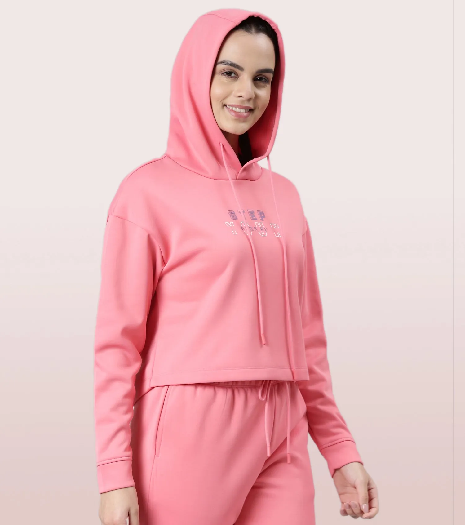 Enamor Hooded Fleece Sweatshirt | Relaxed Fit Crop Length Sweatshirt For Women | A905