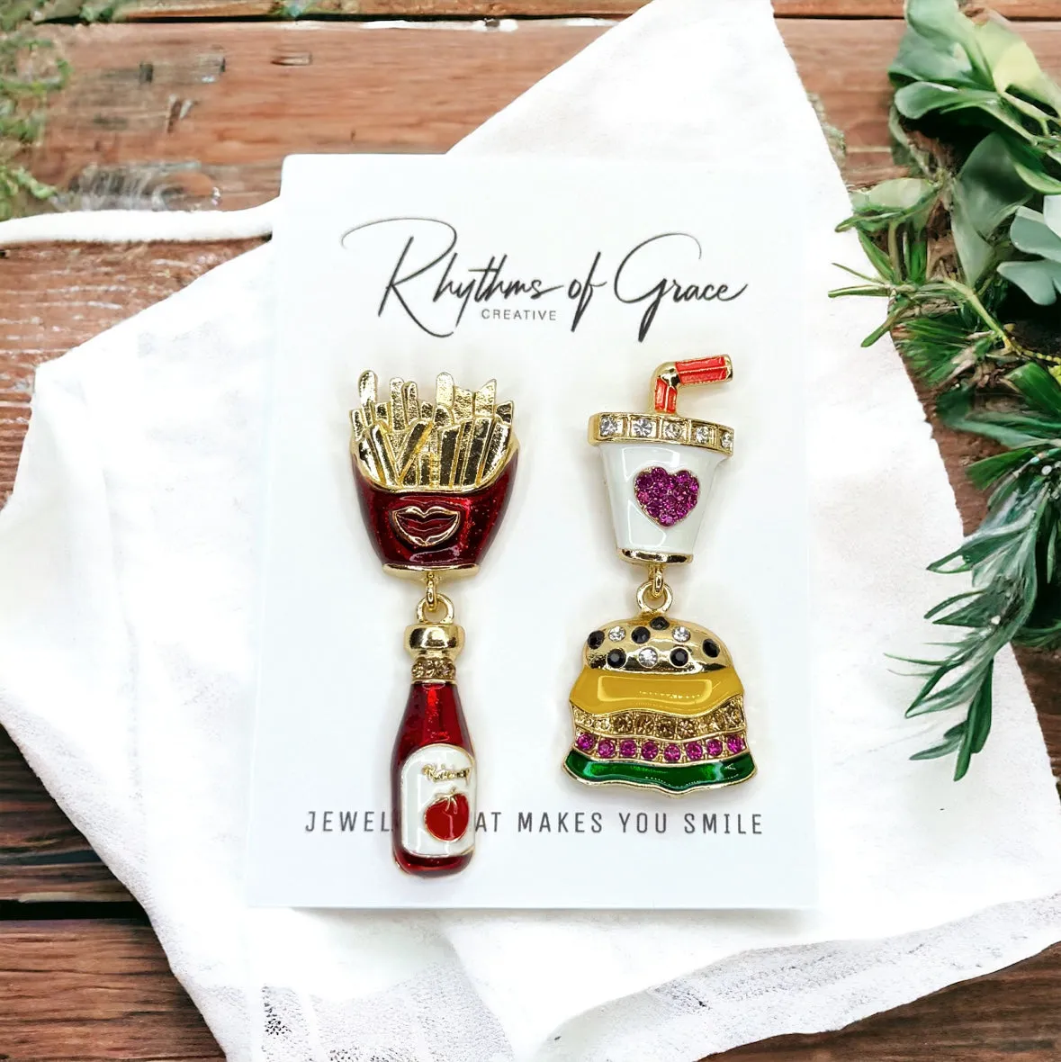 Fast Food Earrings - Junk Food Earrings, Handmade Jewelry, Foodie Jewelry, Food Accessories, Hamburger, French Fries, Food Earrings