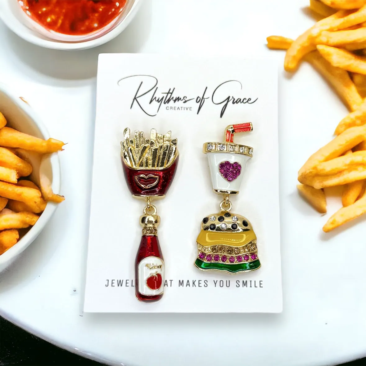 Fast Food Earrings - Junk Food Earrings, Handmade Jewelry, Foodie Jewelry, Food Accessories, Hamburger, French Fries, Food Earrings