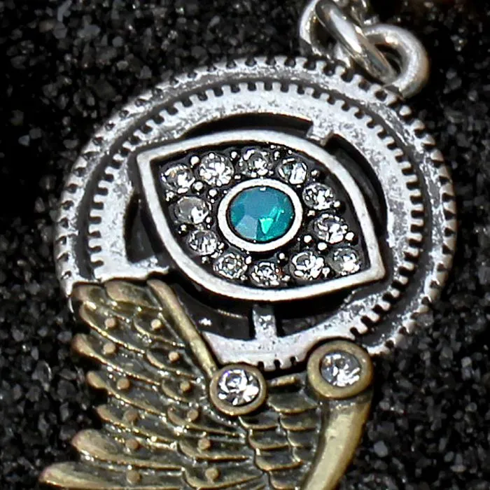 Gemmed Steampunk All Seeing Eye Navel Ring w/ Mechanical Wing Dangle Belly Ring