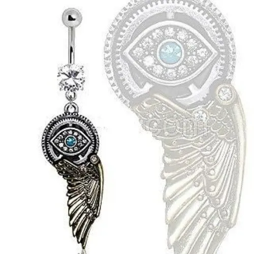 Gemmed Steampunk All Seeing Eye Navel Ring w/ Mechanical Wing Dangle Belly Ring