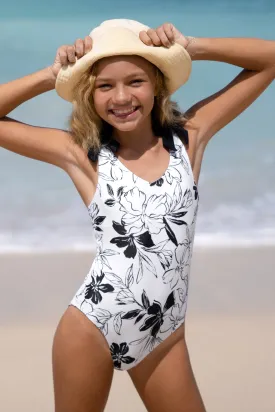 Girls Art Strokes Blooming Tie Strap Black One Piece Swimsuit