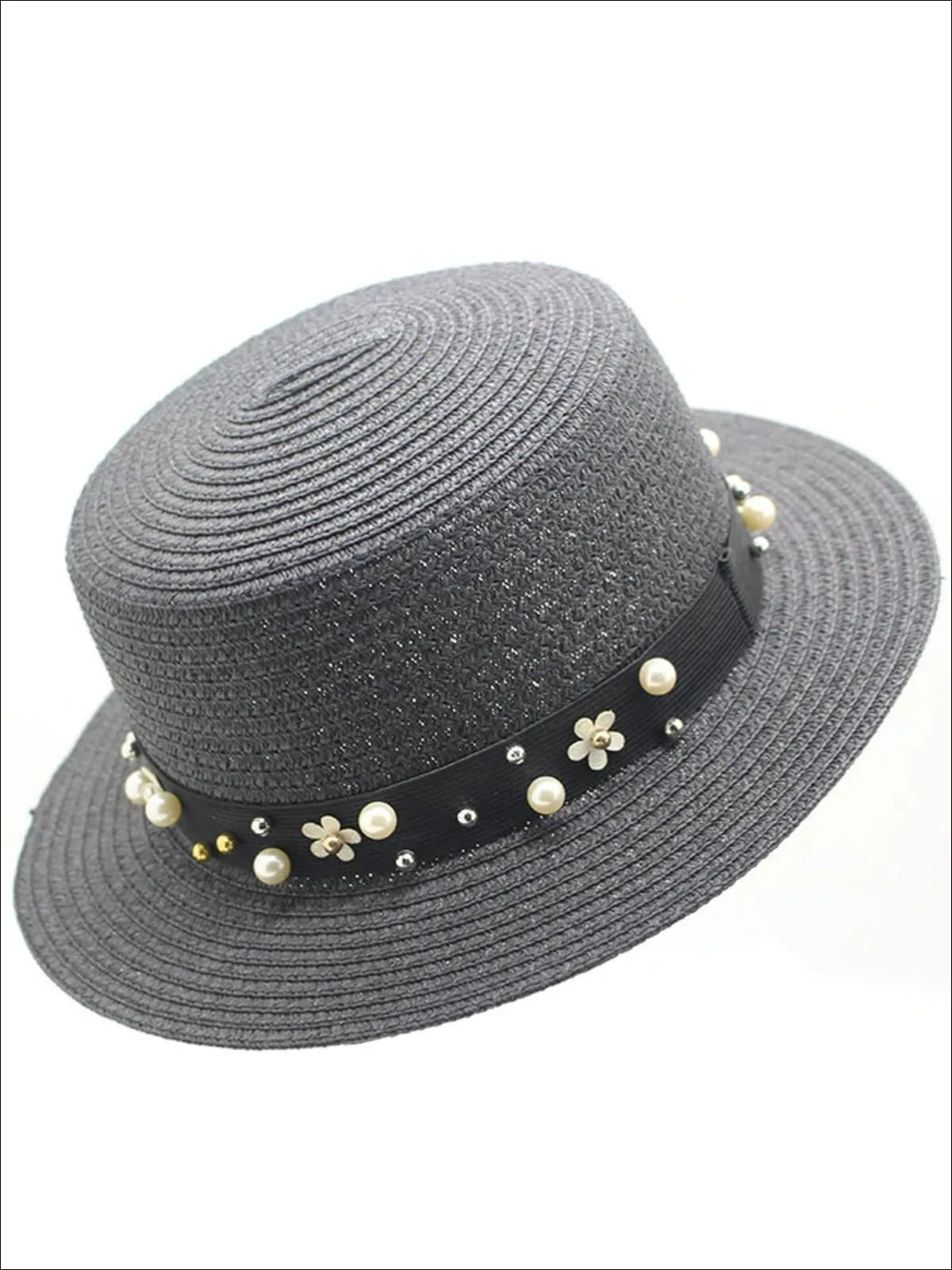 Girls Flower and Pearl Embellished Straw Hat