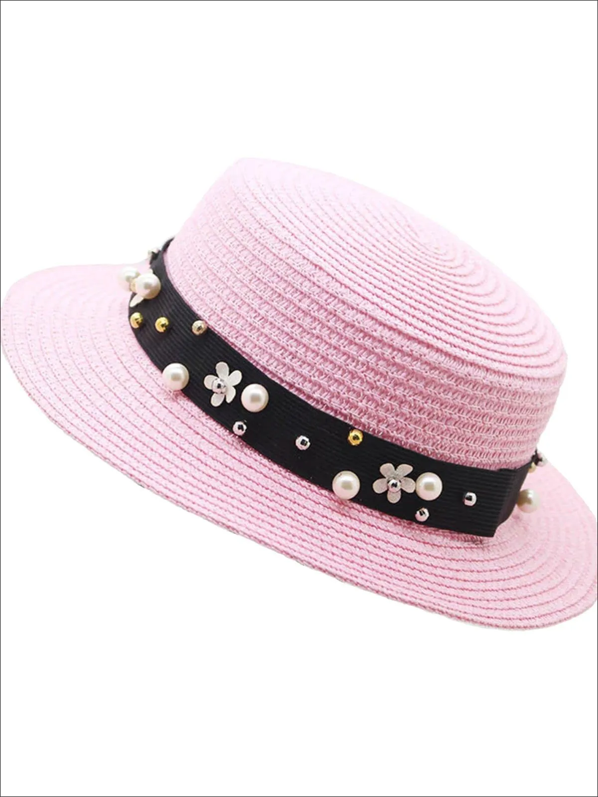 Girls Flower and Pearl Embellished Straw Hat