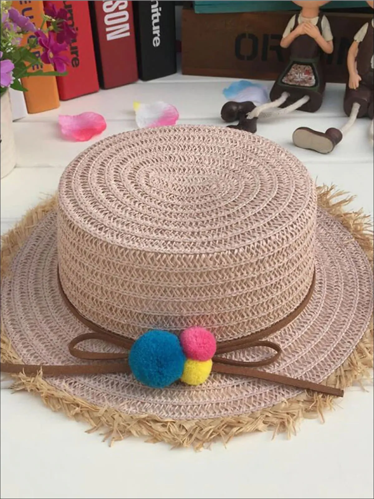 Girls Leather Banded Rainbow Pom Pom Embellished Straw Hat