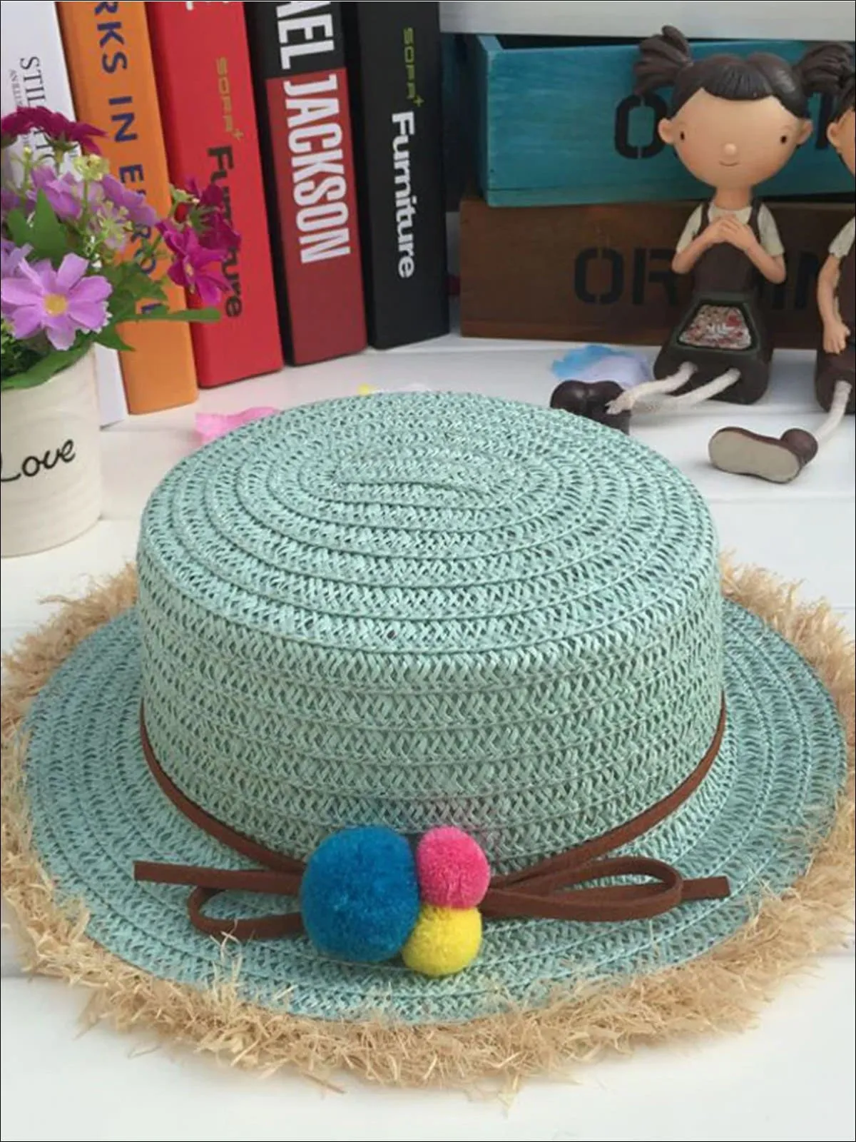 Girls Leather Banded Rainbow Pom Pom Embellished Straw Hat