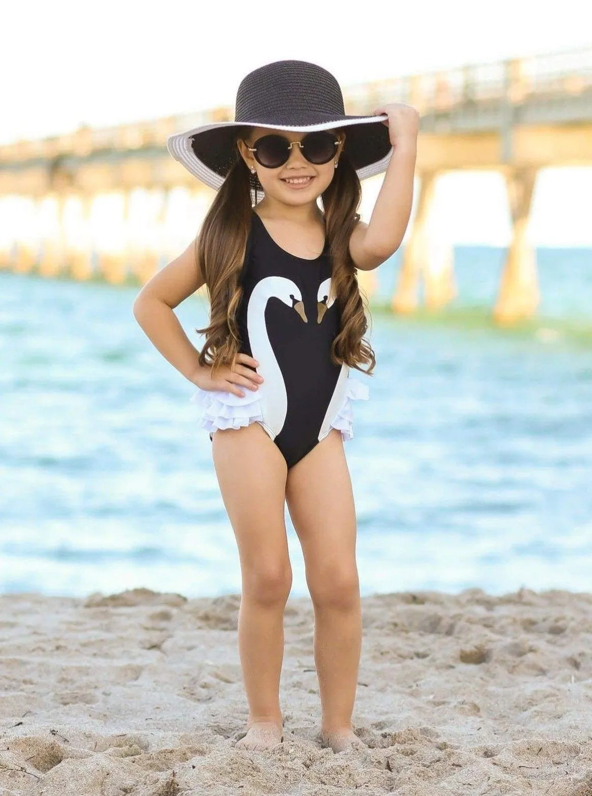 Girls Swan One Piece Swimwear