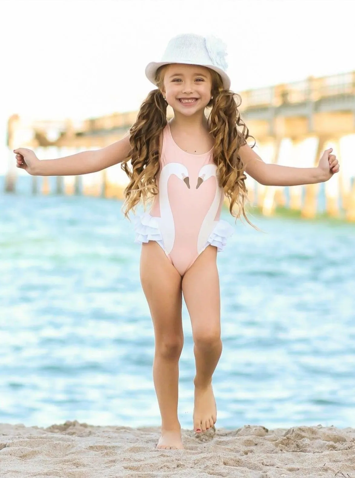 Girls Swan One Piece Swimwear