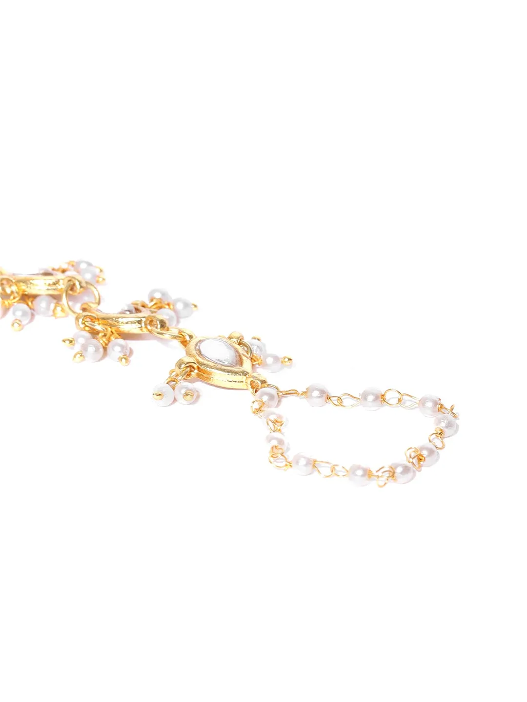 Gold-Plated Kundan Pearl Chain Hathphool with Tassel Beads