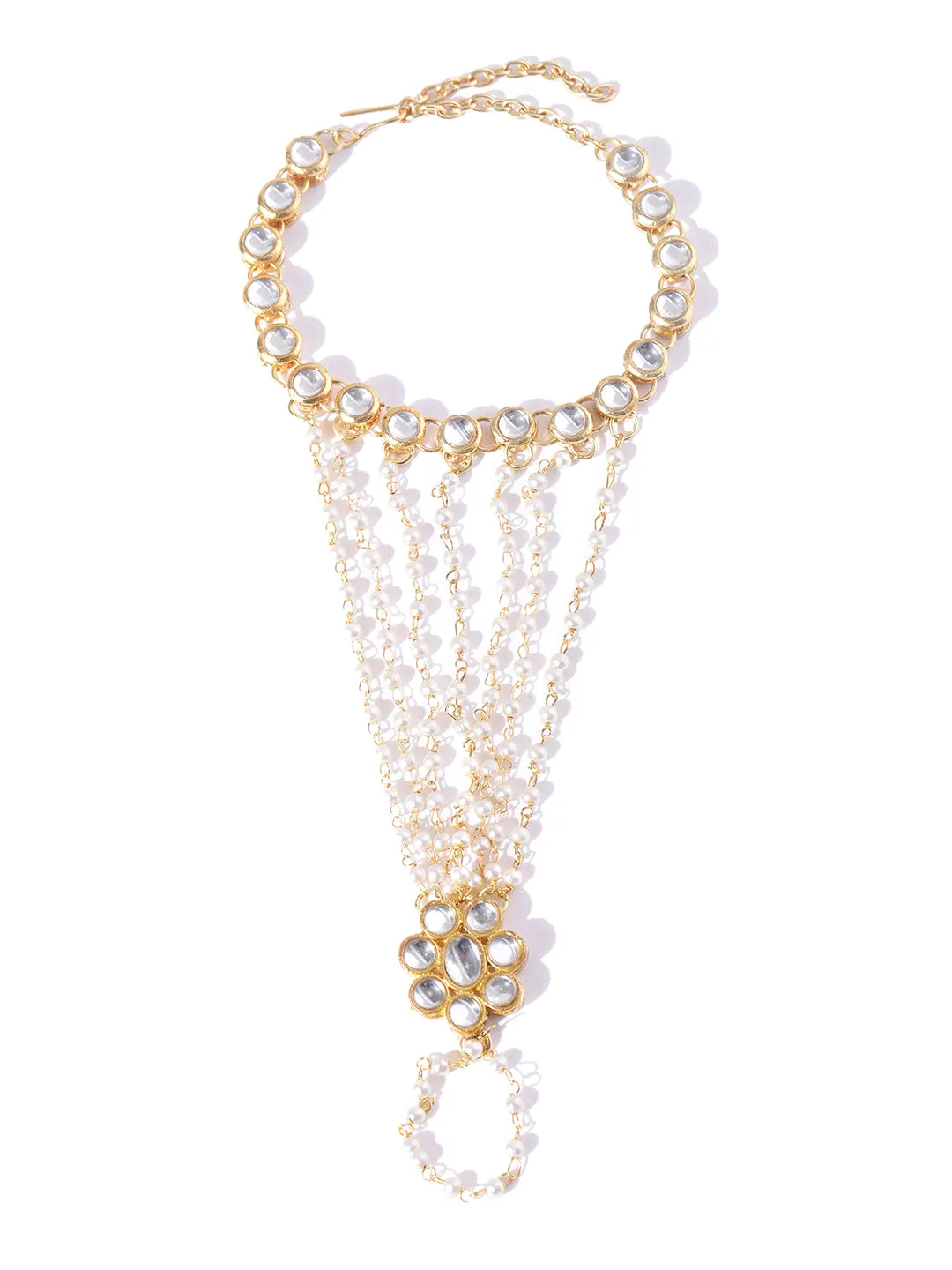 Gold-Plated Kundan Pearl Chain Hathphool