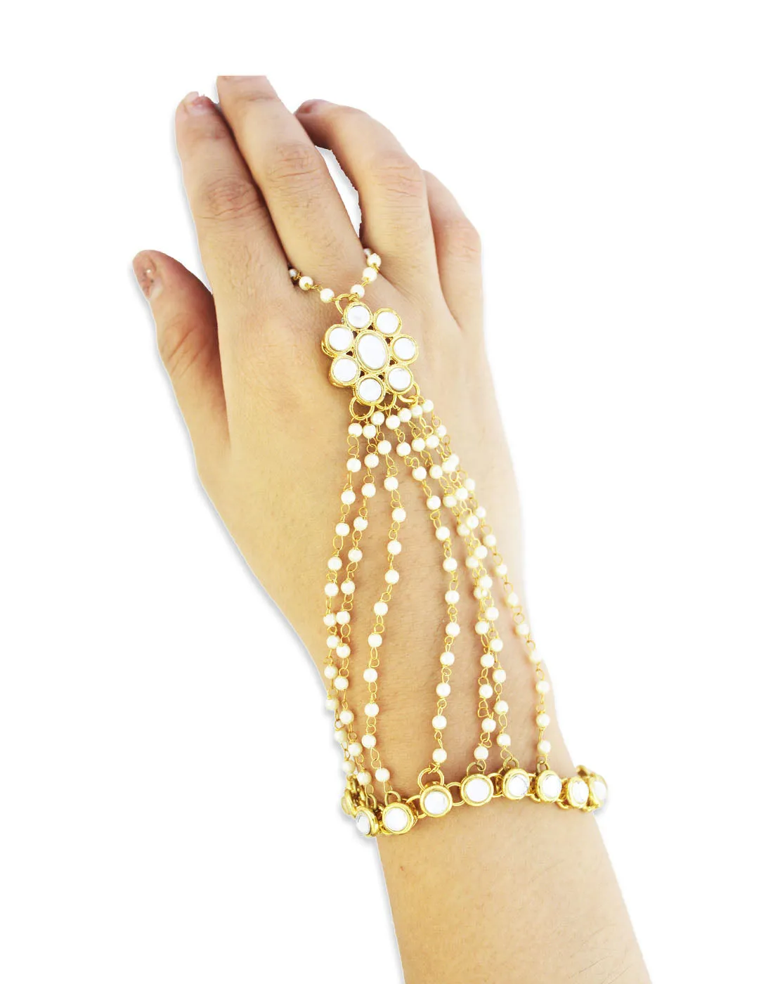 Gold-Plated Kundan Pearl Chain Hathphool