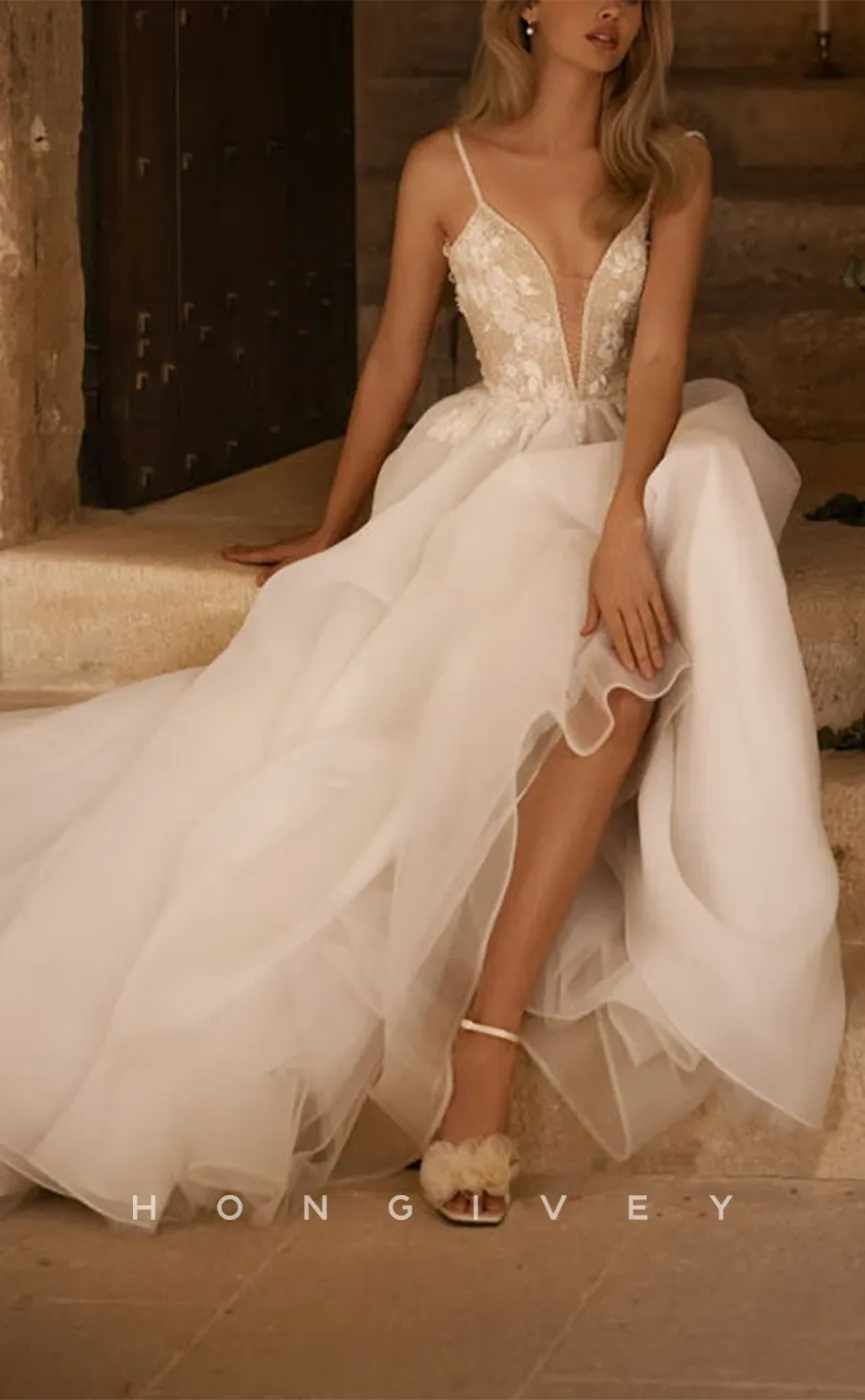 H0956 - Sheer Floral Embossed Beaded Plunging Illusion With Train Long Wedding Dress