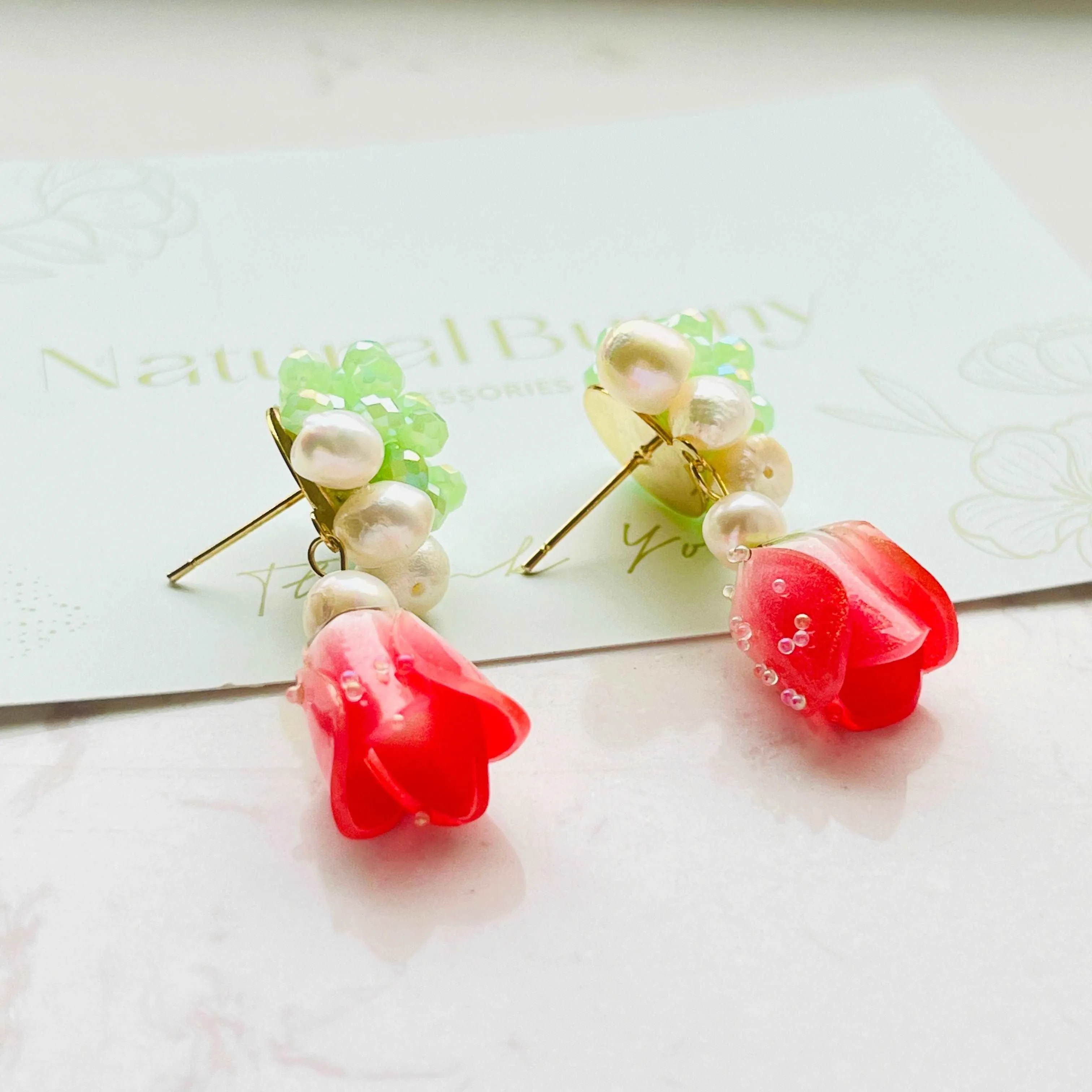 Handmade Natural Freshwater Pearl Red Rose Beaded Stud Earrings