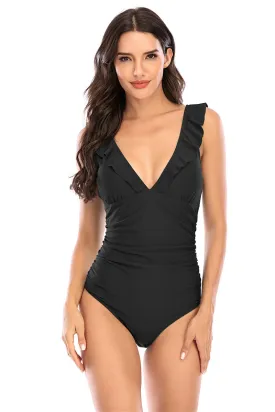 Haute Edition Women's Deep Plunging V-Neck Ruffle Trim One Piece Swimsuit