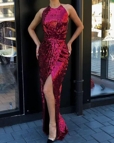 HIGH ROUND NECK CHARMING SEQUINED HIGH SLIT BURGUNDY PROM DRESS SA128