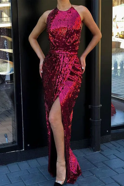 HIGH ROUND NECK CHARMING SEQUINED HIGH SLIT BURGUNDY PROM DRESS SA128