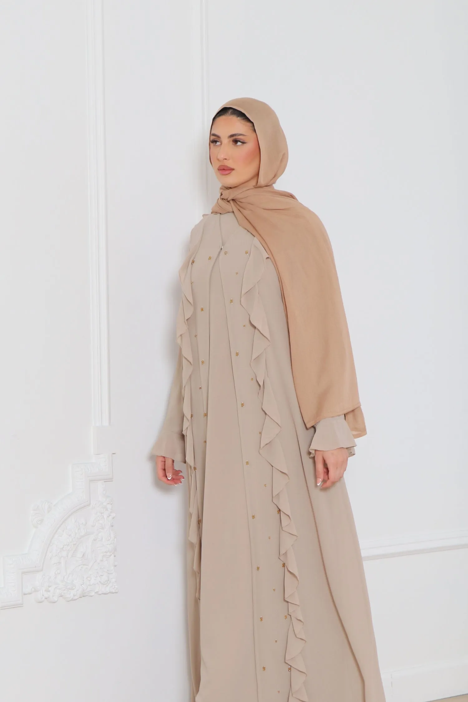 Lamya Beaded Chiffon Abaya Set- Sand