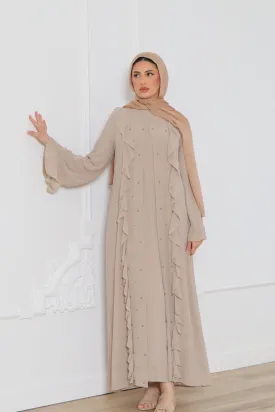 Lamya Beaded Chiffon Abaya Set- Sand