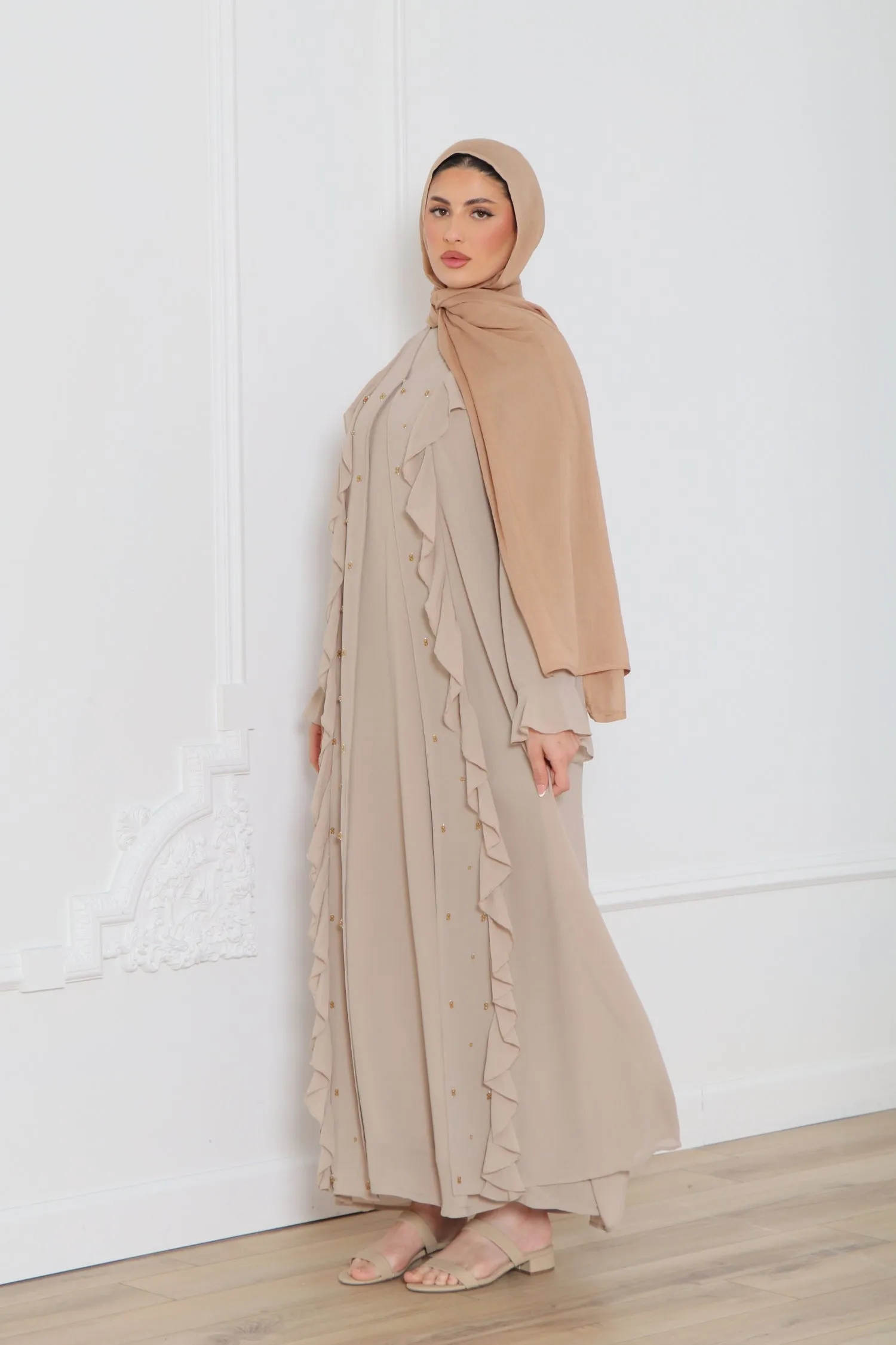 Lamya Beaded Chiffon Abaya Set- Sand