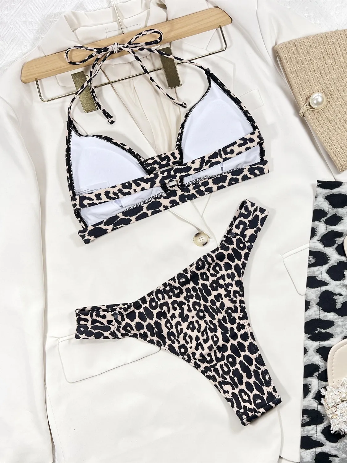 Leopard Cutout Halter Neck Bikini Set