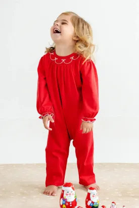 Richmond Red Bridget Romper with Worth Avenue White Bow Smocking - Long Sleeve