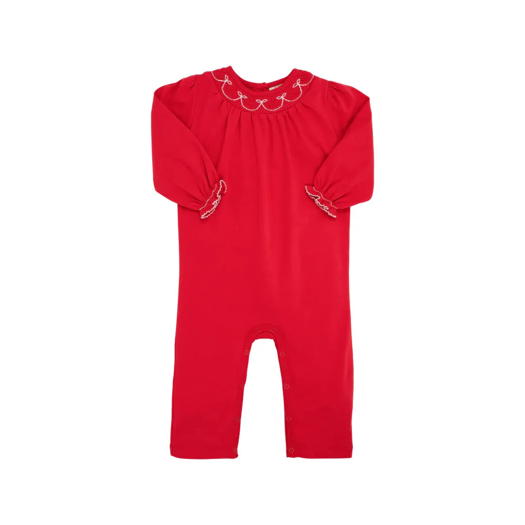 Richmond Red Bridget Romper with Worth Avenue White Bow Smocking - Long Sleeve