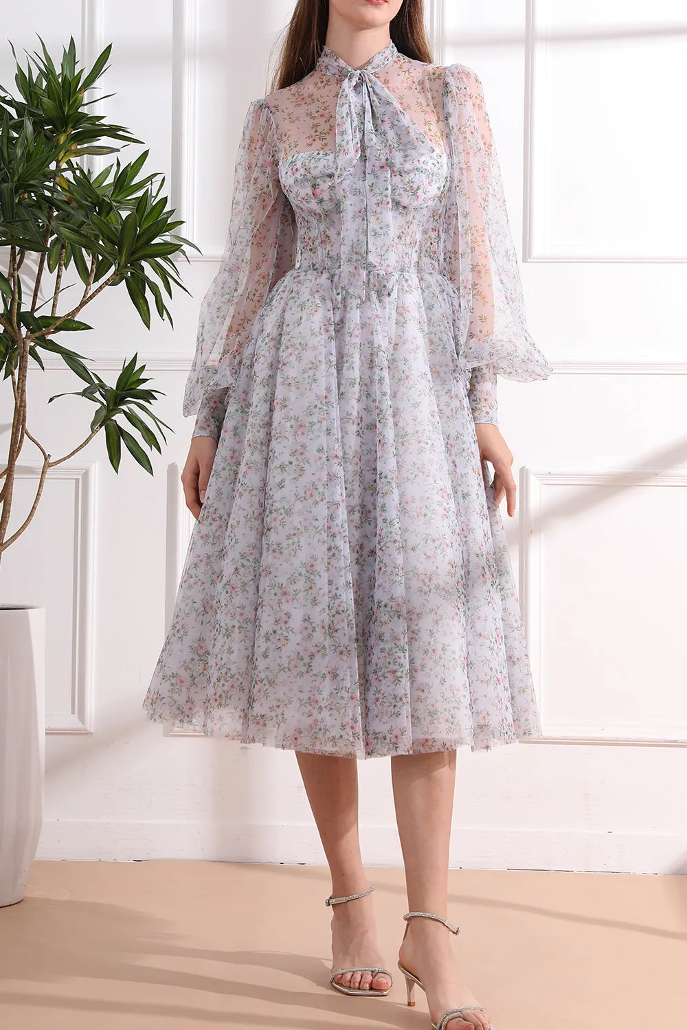 Long Sleeves Illusion Corset Lavender Floral Dress