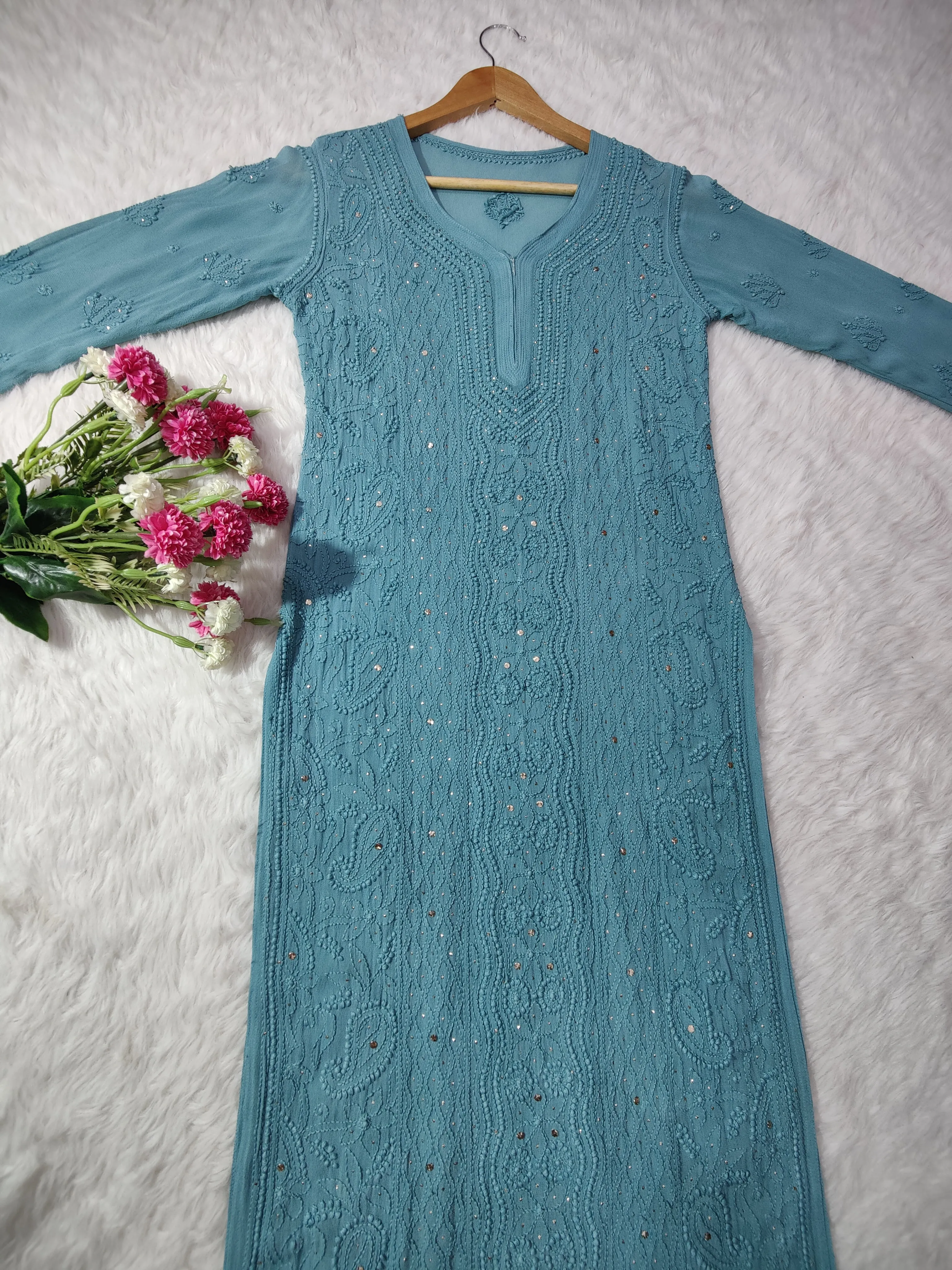 Mira Viscose Mukaish Long Chikankari Kurti