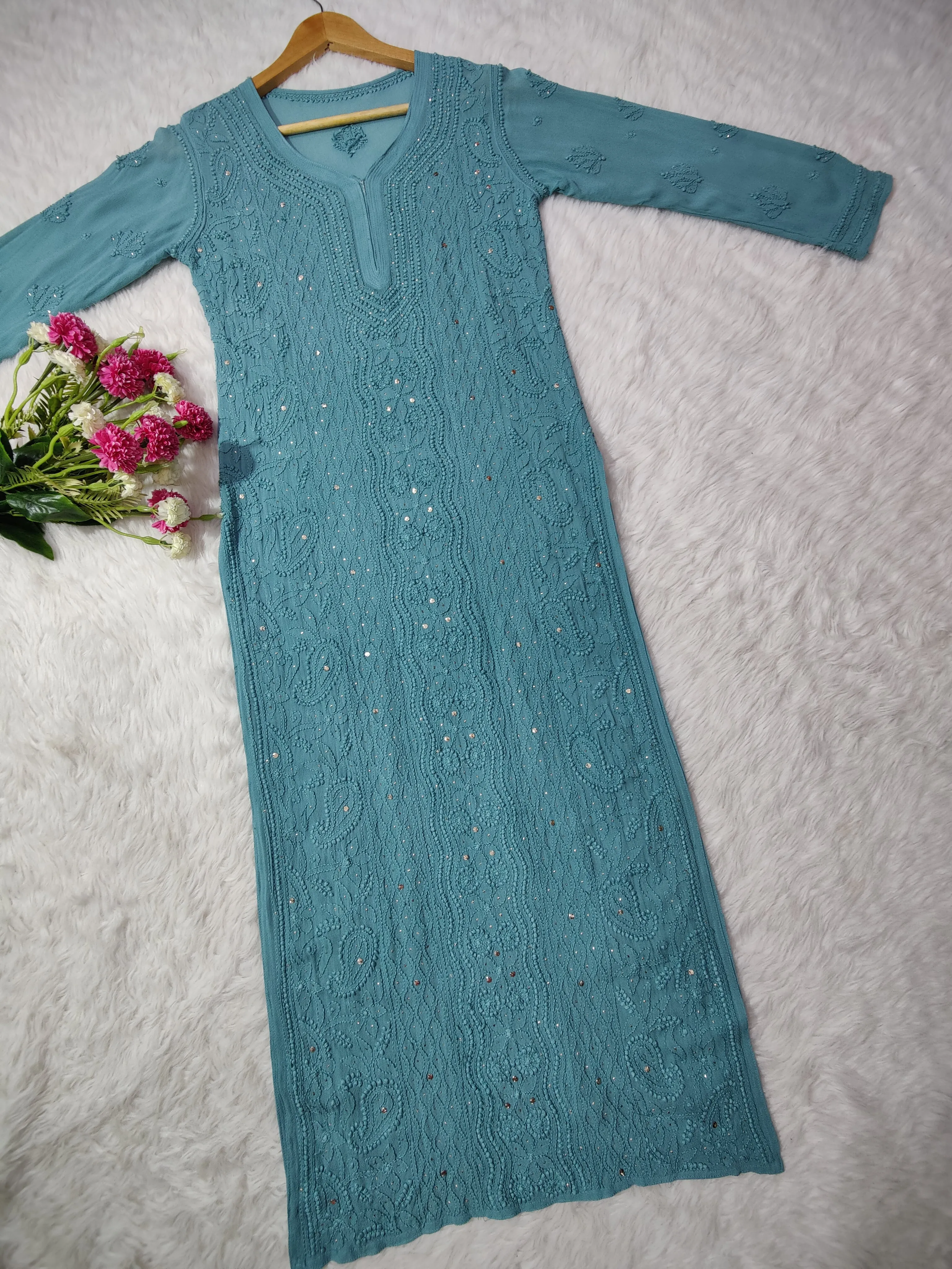 Mira Viscose Mukaish Long Chikankari Kurti