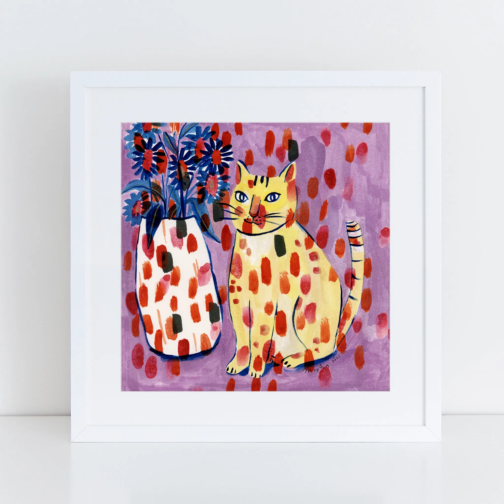 Mischievous Cat with Daisies / Art Print