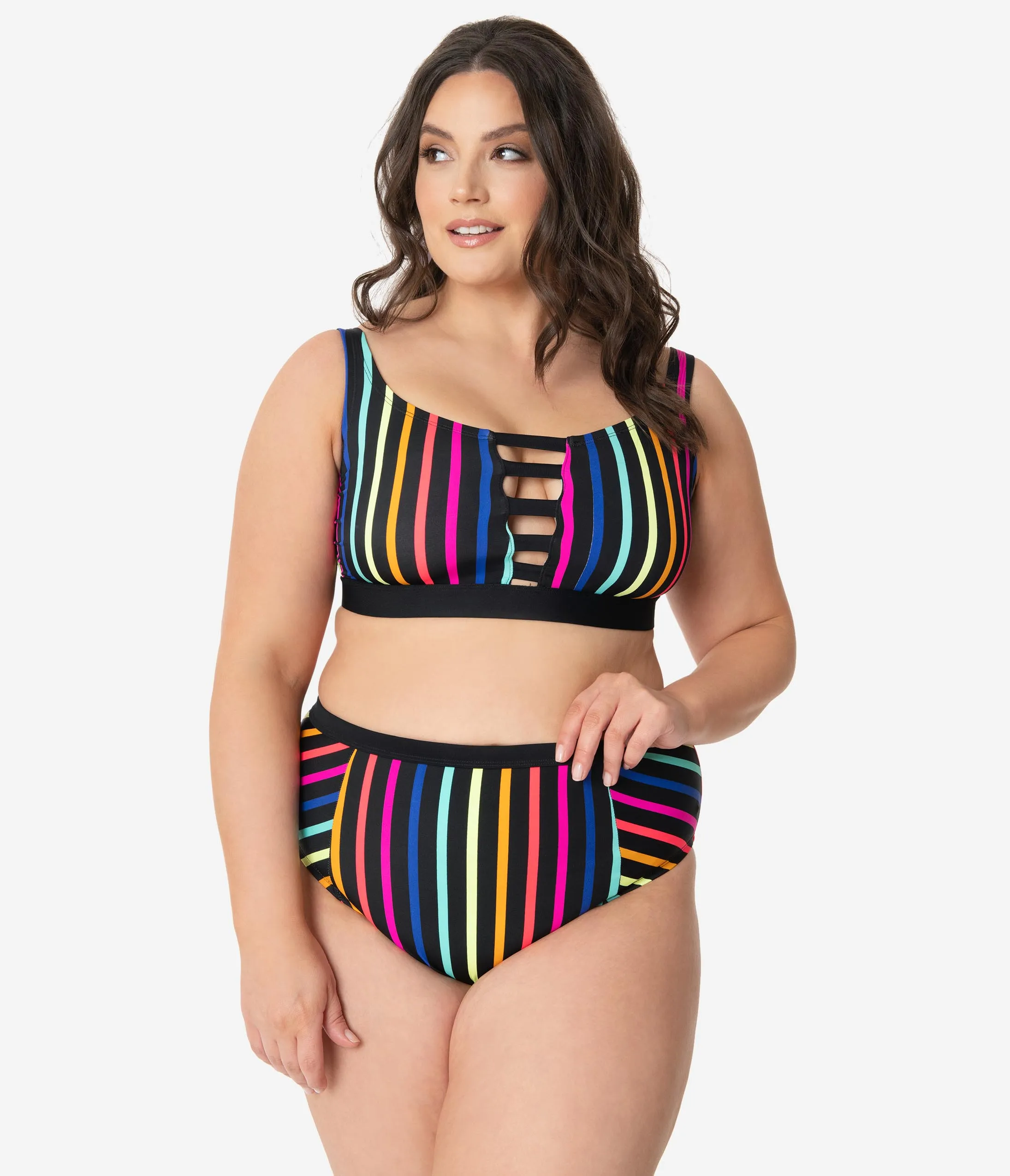 Plus Size Neon Rainbow Stripe Swim Bottom