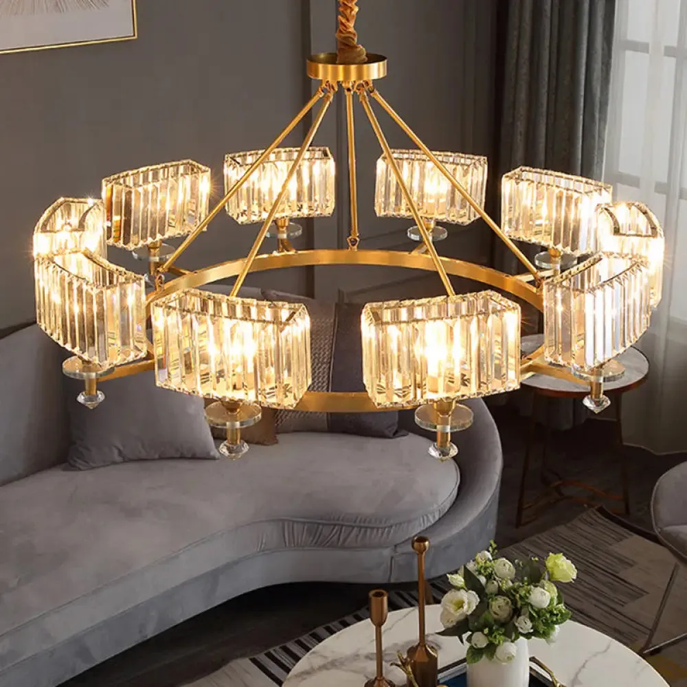 Postmodern Gold Chandelier Ceiling Light for Living Room - Circle Shaped Crystal Block Fixture