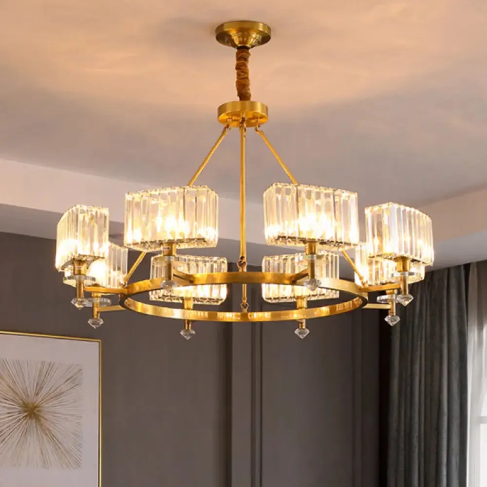 Postmodern Gold Chandelier Ceiling Light for Living Room - Circle Shaped Crystal Block Fixture