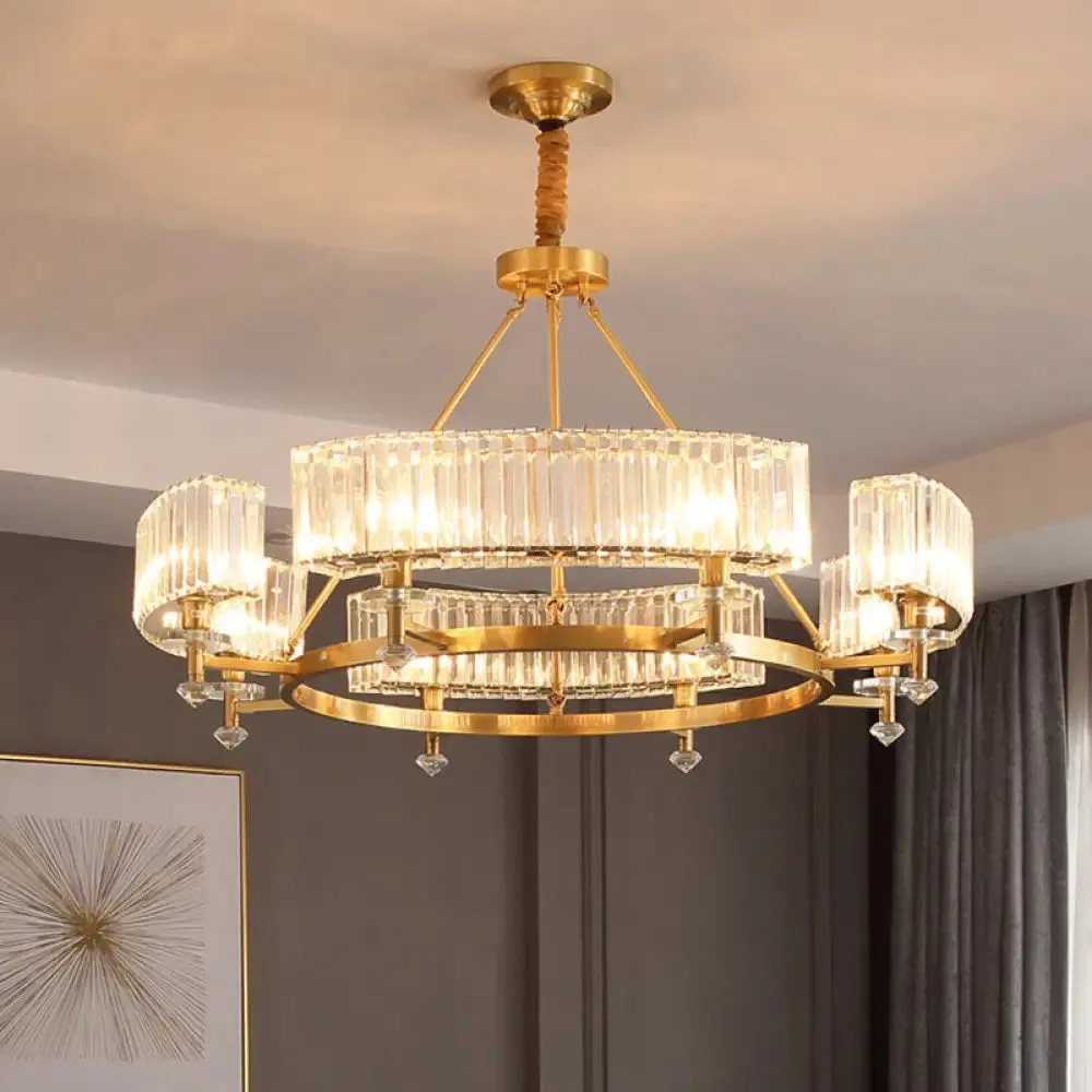 Postmodern Gold Chandelier Ceiling Light for Living Room - Circle Shaped Crystal Block Fixture