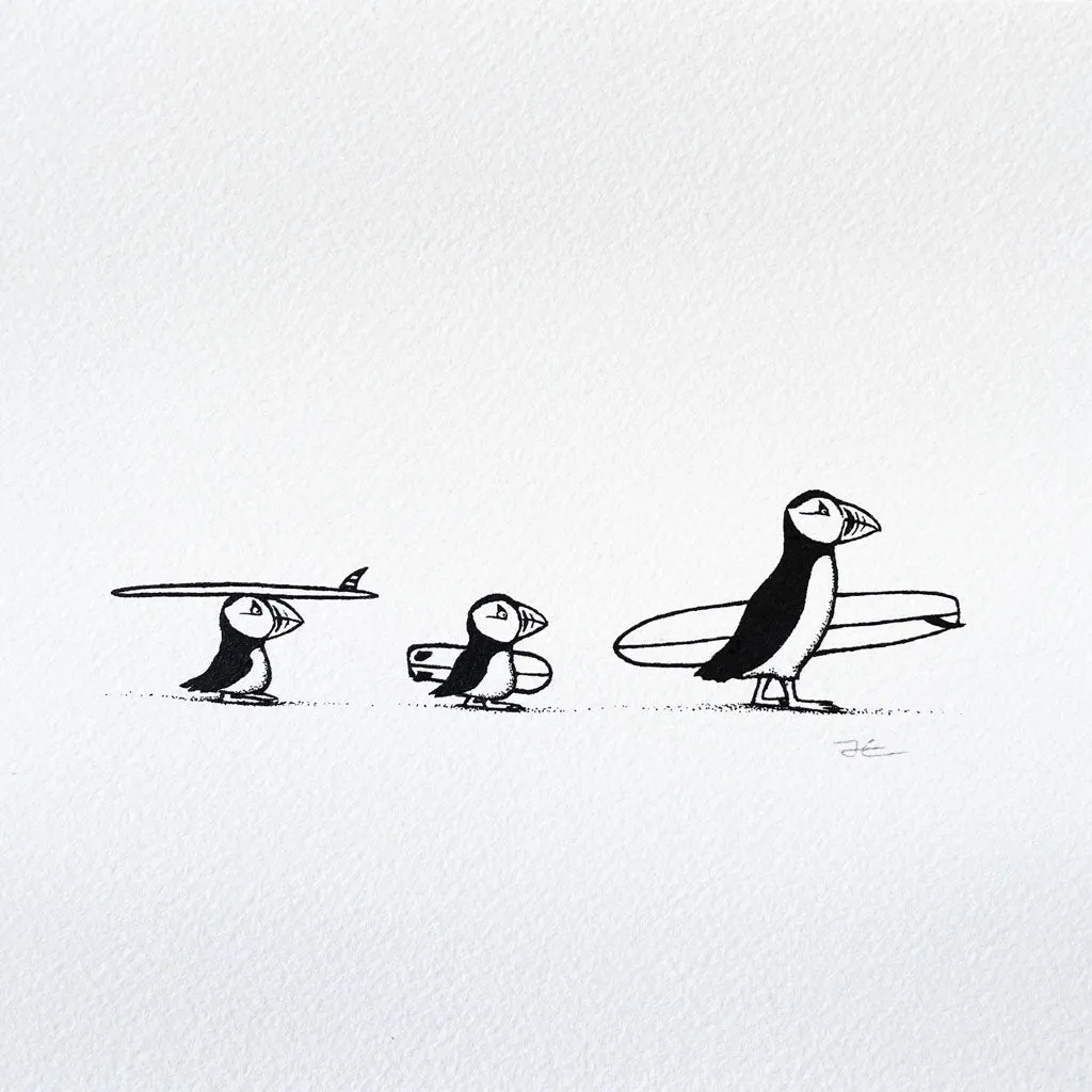 Puffin Surf Trip. Original illustration - SOLD OUT