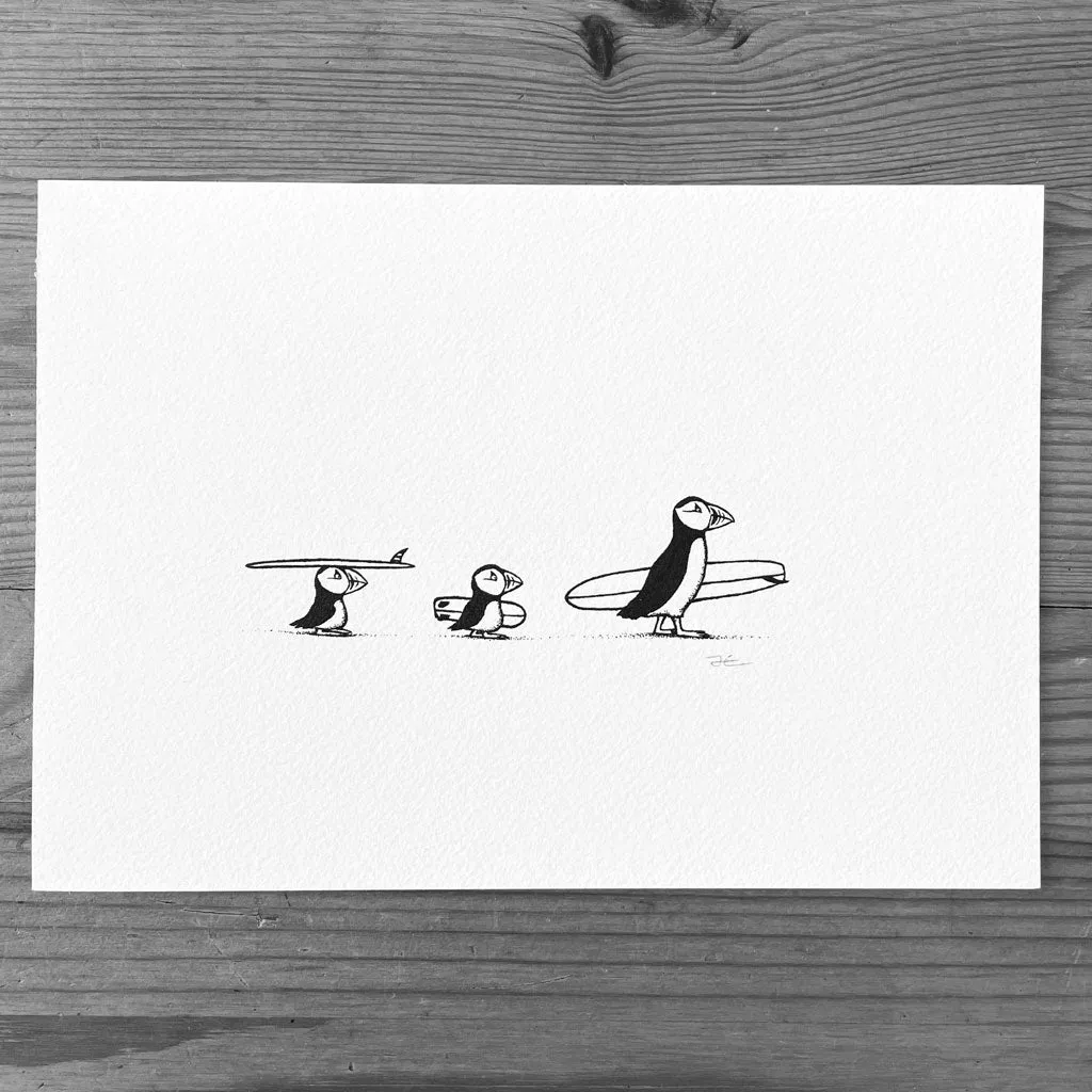 Puffin Surf Trip. Original illustration - SOLD OUT