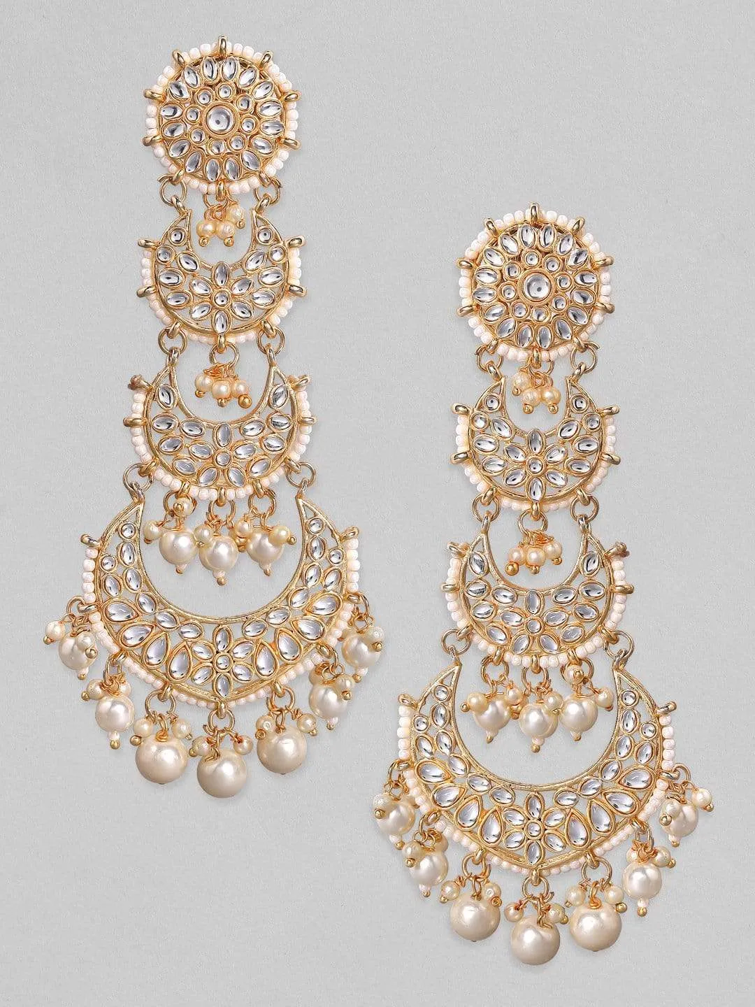 Rubans 24K Gold Plated Handcrafted Kundan & White Pearls Chandelier Earrings