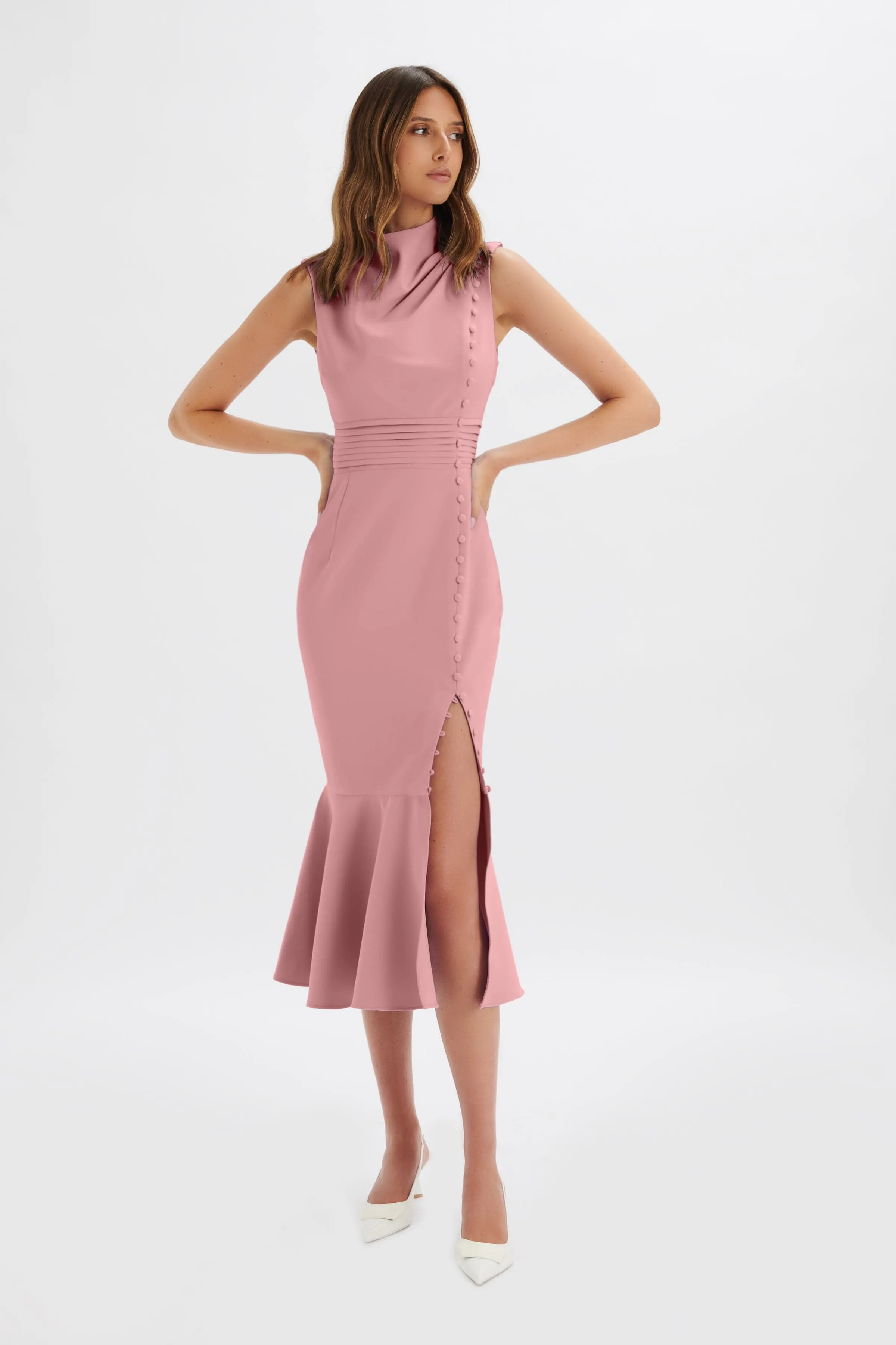 SAFFRON High Neck Micro Button Midi Dress in Pink