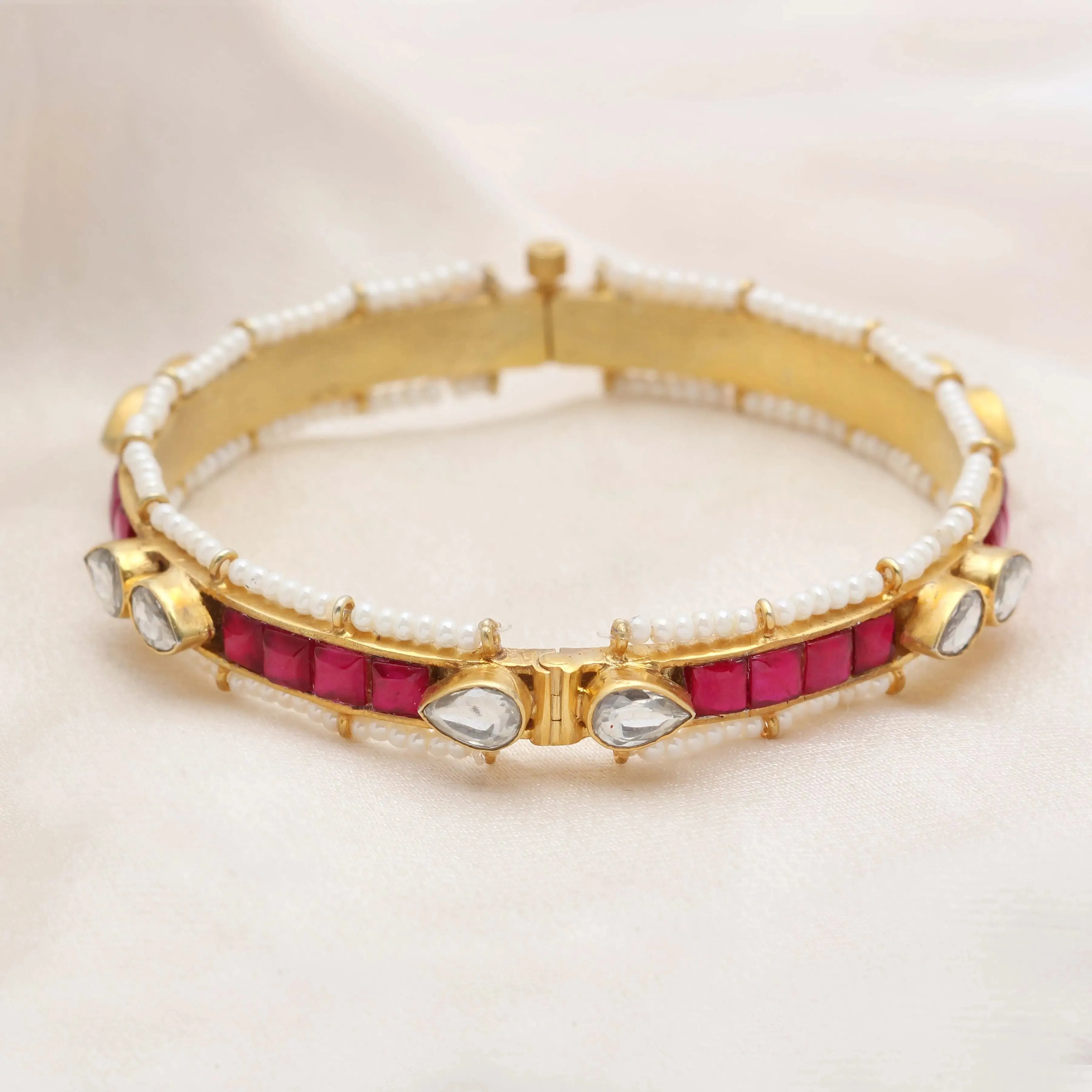 Silver Gold Plated Red Jadau Bangle ( Single)