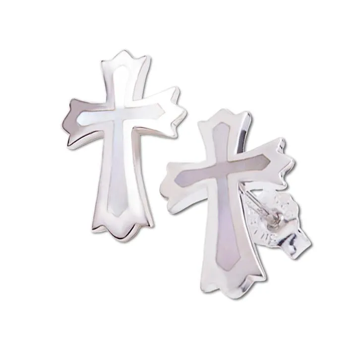 Sterling Silver Cross with Mother-of-Pearl Inlay Post Earrings