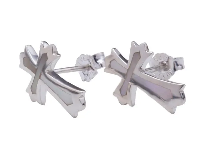 Sterling Silver Cross with Mother-of-Pearl Inlay Post Earrings