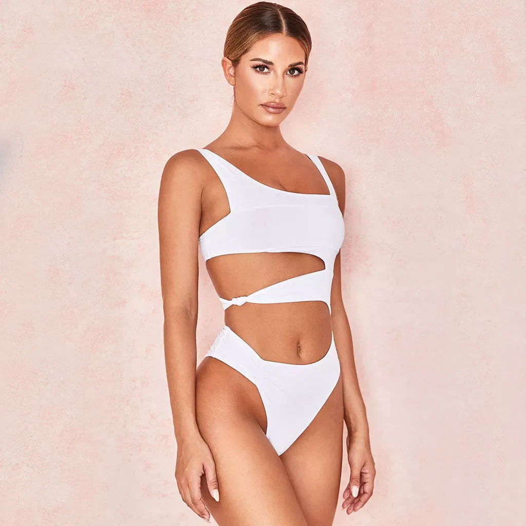 Unique Neck Cut Out High Leg One Piece Swimsuit - White